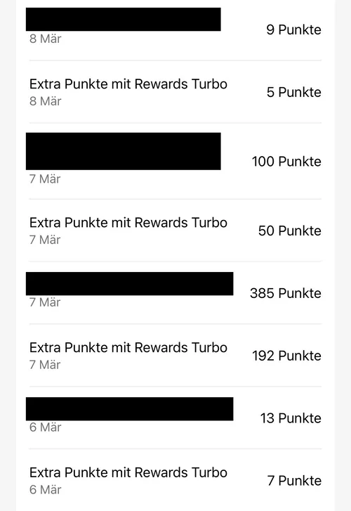 AMEX Aktivitätsübersicht mit Extra Punkte mit Rewards Turbo - 50% Bonus auf jeden Umsatz