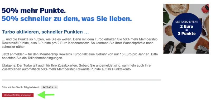 AMEX Punkteturbo Aktivierung - Karte auswählen und kostenpflichtig anmelden