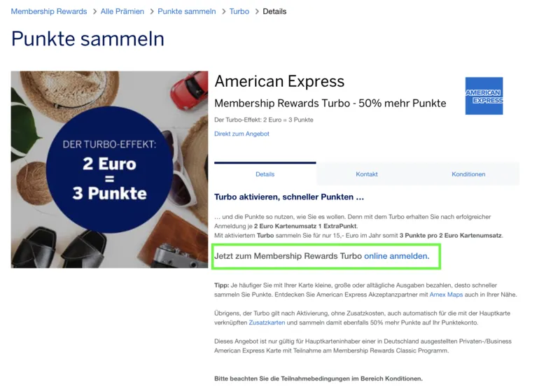 AMEX Punkteturbo Detailseite - Membership Rewards Turbo mit 50% mehr Punkten