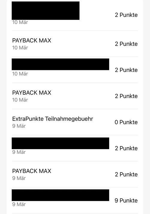 AMEX Aktivitätsübersicht mit PAYBACK MAX Bonus-Punkten und ExtraPunkte Teilnahmegebühr