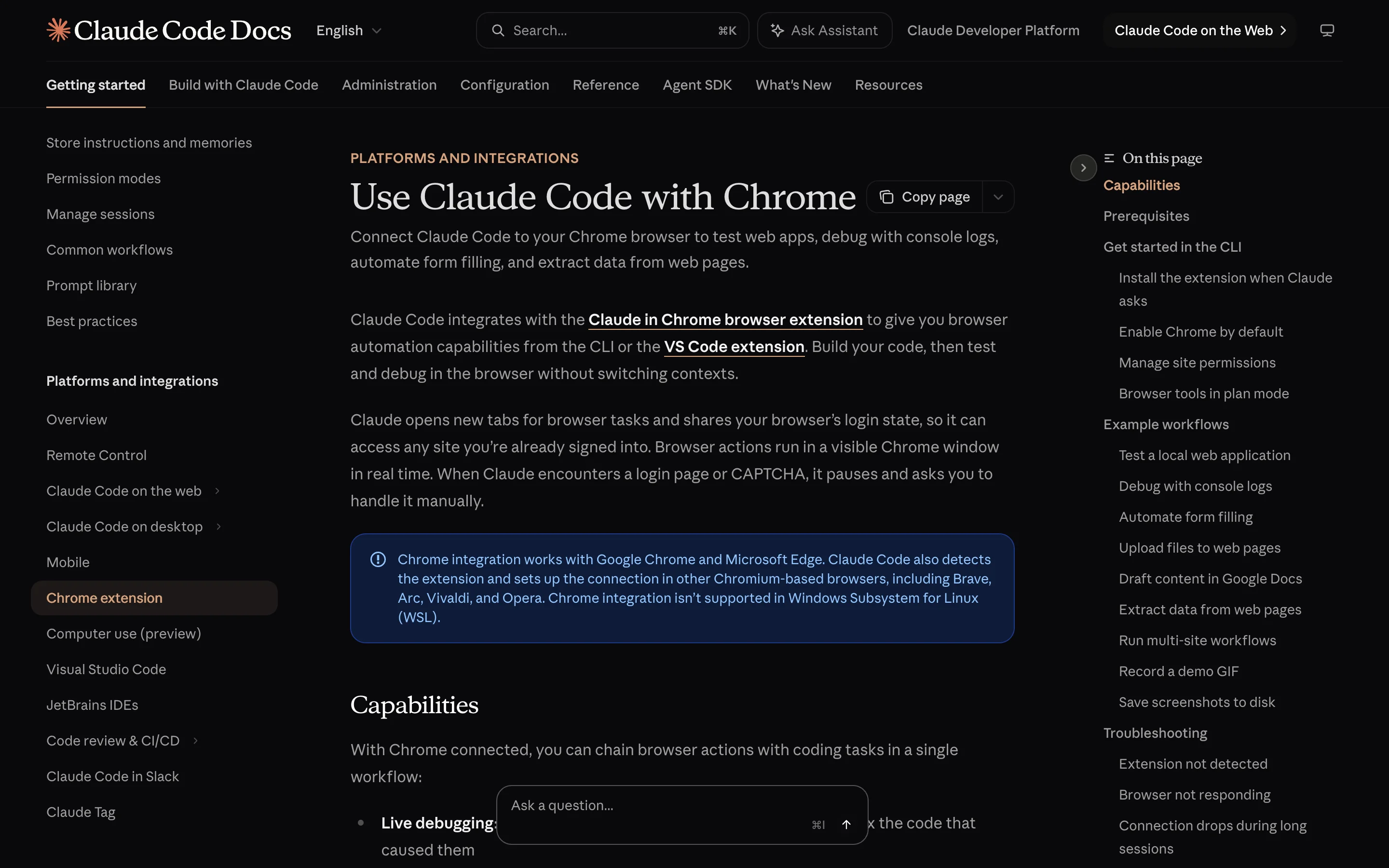 Die offizielle Claude-Code-Dokumentation zur Chrome-Anbindung: Claude Code verbindet sich mit der Browser-Erweiterung und teilt den Login-Status deines Browsers