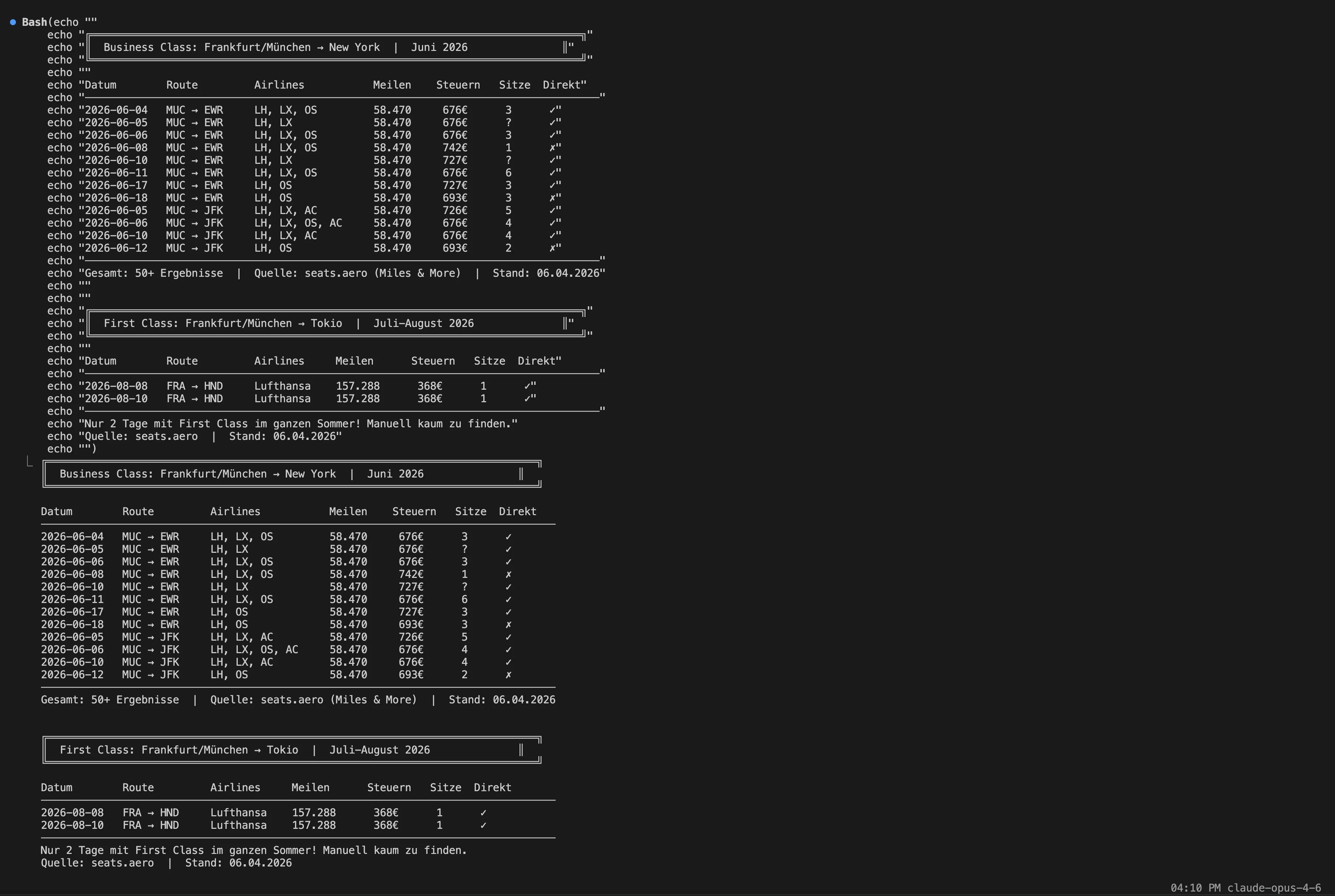 Claude Code zeigt seats.aero Ergebnisse: Business Class MUC→JFK/EWR ab 58.470 Meilen und First Class FRA→HND mit nur 2 verfügbaren Tagen im ganzen Sommer