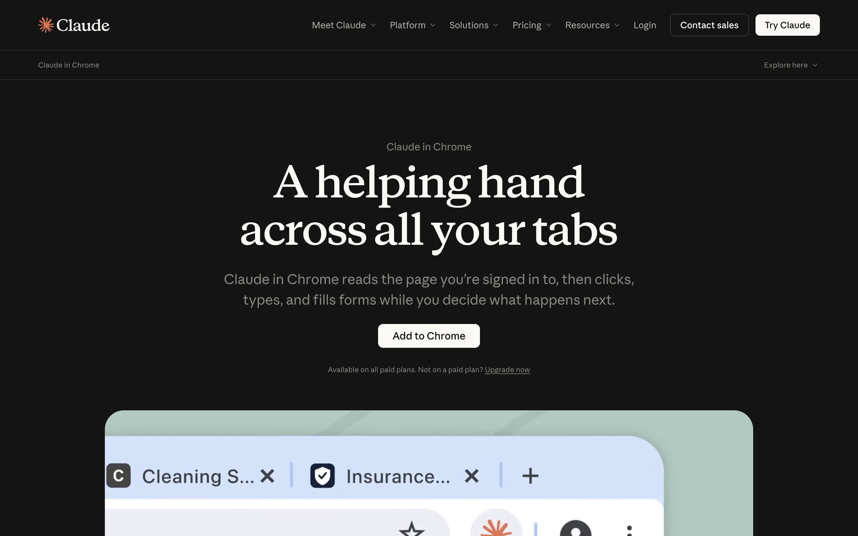 Die offizielle Claude in Chrome Seite von Anthropic mit dem Add to Chrome Button - verfügbar für alle Bezahl-Pläne