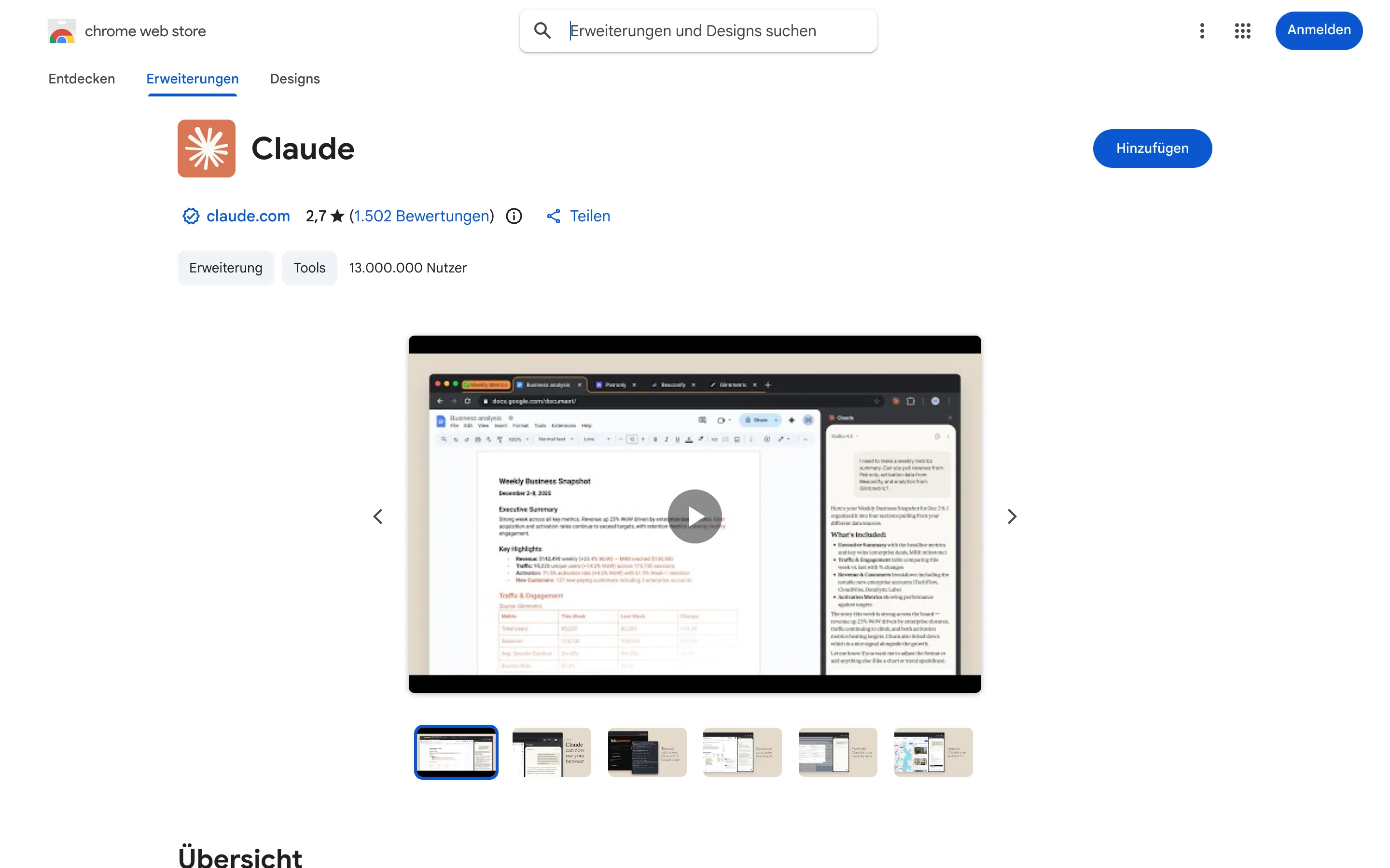 Der offizielle Claude-Eintrag im Chrome Web Store: verifizierter Anbieter claude.com, über 13 Millionen Nutzer, Hinzufügen-Button oben rechts
