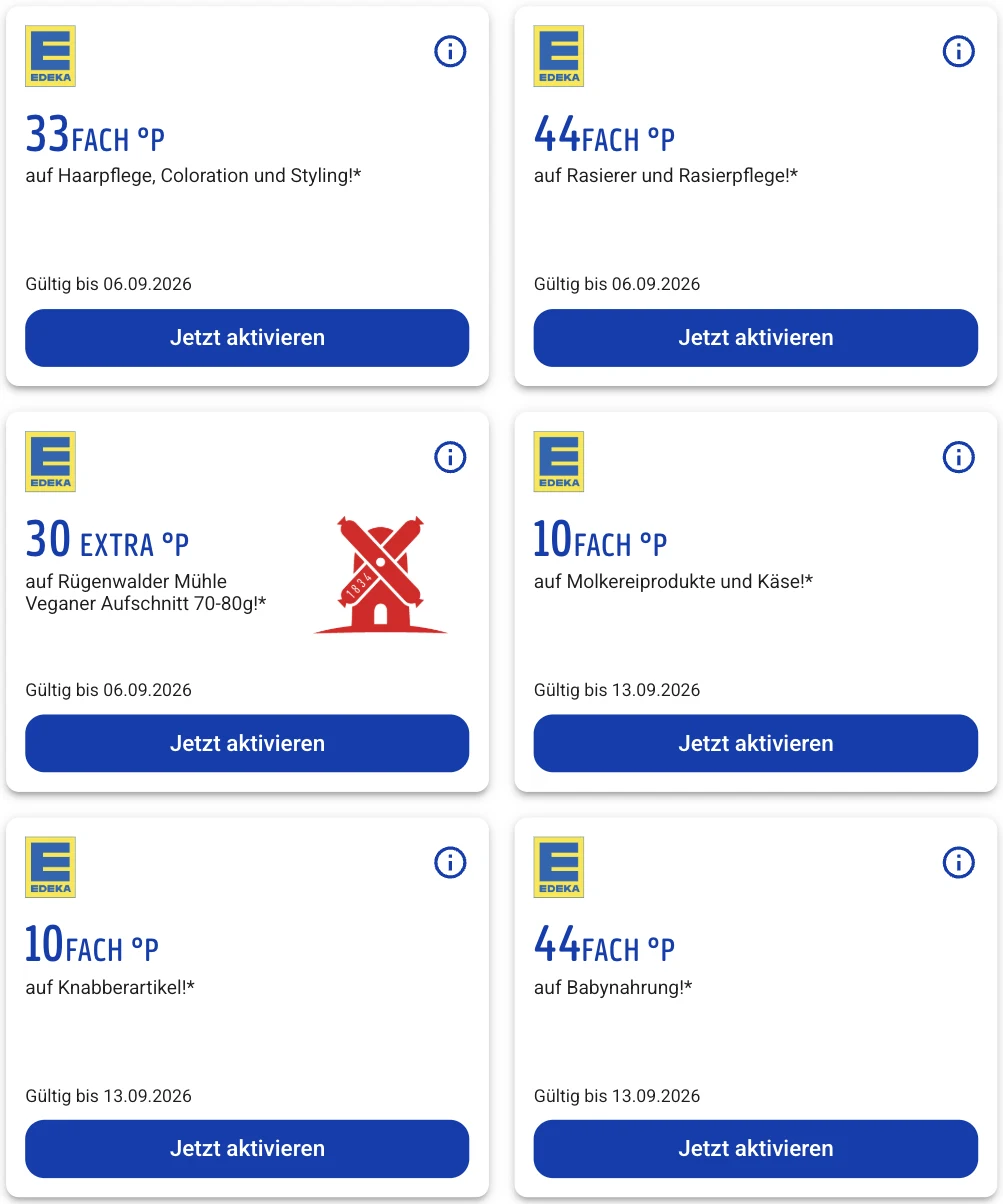 EDEKA PAYBACK Coupons am 06.09.2026: 33-fach Haarpflege und 44-fach Rasierpflege aus der Vorwoche, 10-fach Molkereiprodukte und Käse, 10-fach Knabberartikel und 44-fach Babynahrung bis 13.09.
