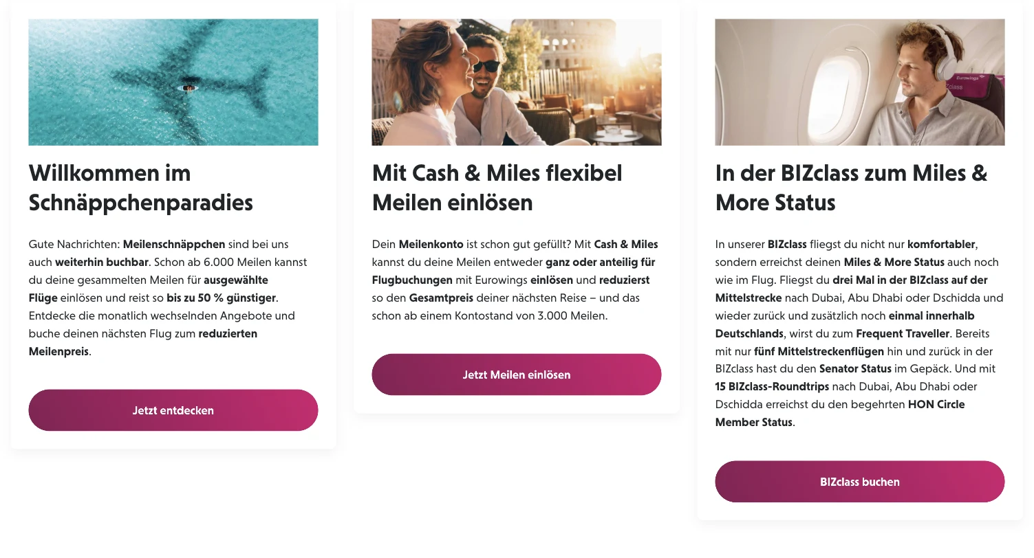 Eurowings: mileage bargains from 6,000 miles up to 50% cheaper, Cash & Miles from 3,000 miles, the BIZclass route to Miles & More status