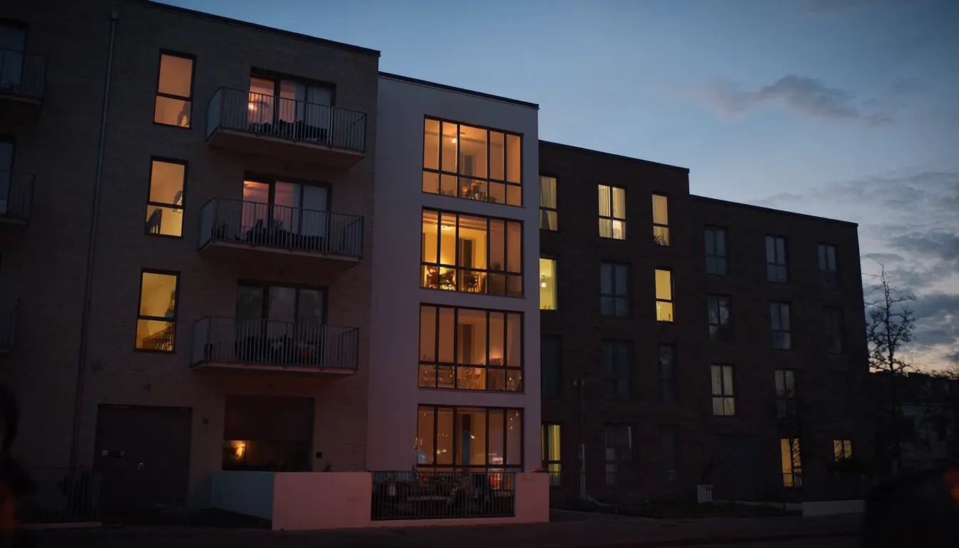 Modern apartment building exterior at twilight