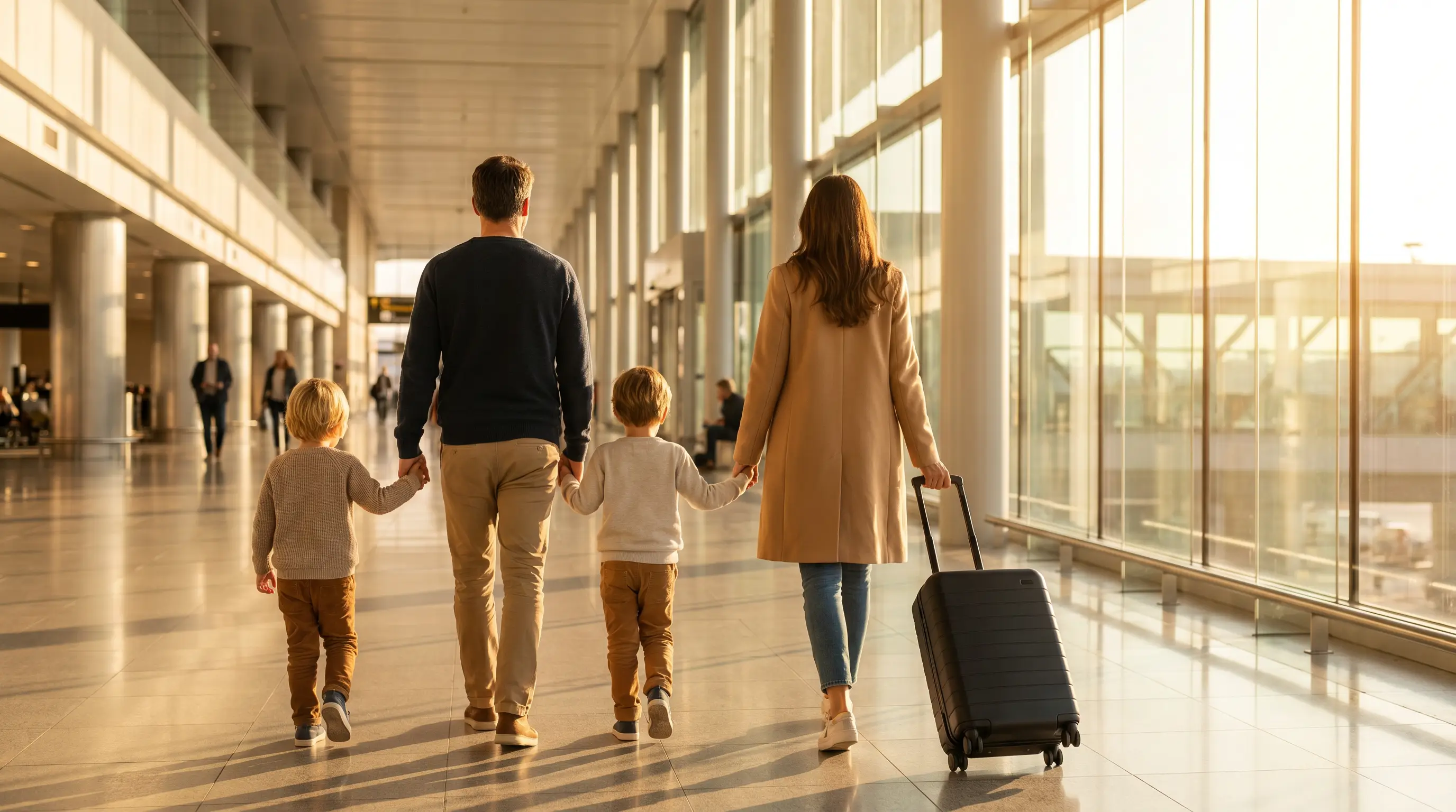 Familie am Flughafen — entspannte Reise