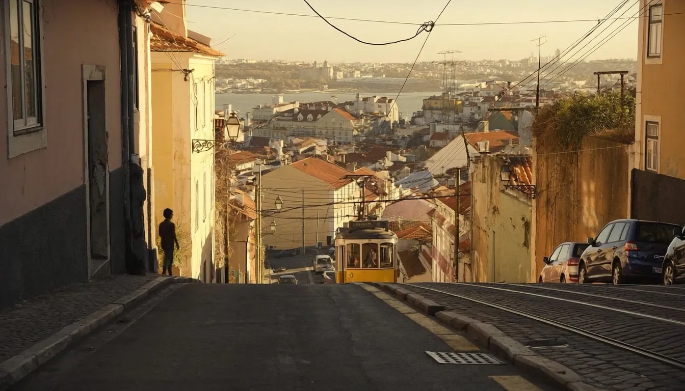 Lisbon with tram at sunset